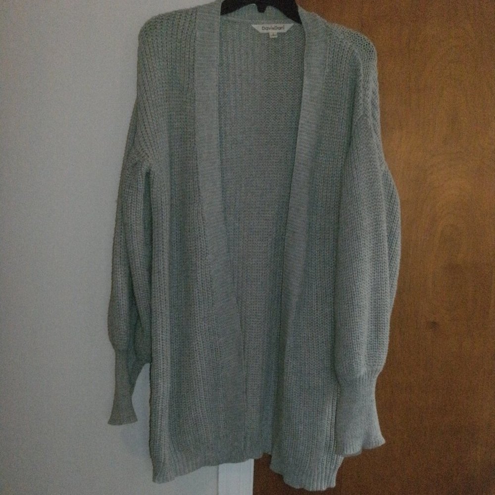 Davi & Dani Gray Cable Knit Open Front Long Cardigan Sweater Bishop Sleeve szi L